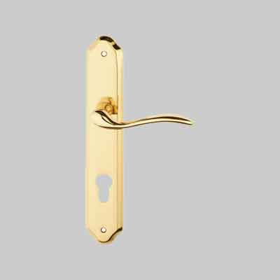 MANIGLIA 'MINORCA' CON PLACCA FORO YALE Oro lucido. Prezzo per Coppia.