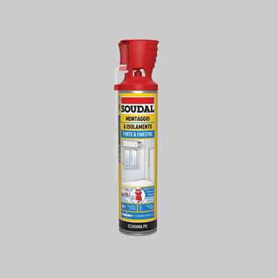 SCHIUMA POLIURETANICA PORTE E FINESTRE CON APPLICATORE SOUDAL ml 600. Prezzo per Pezzo.