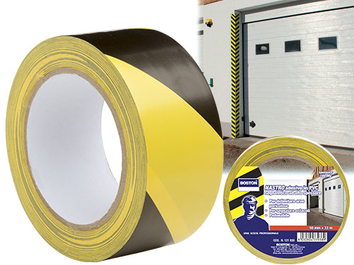 Nastri segnaletici adesivi nero/giallo. Prezzo per rotolo.