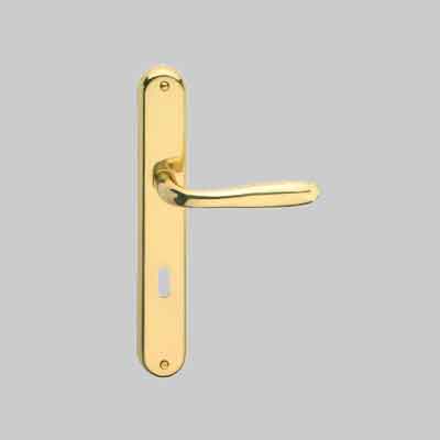 MANIGLIA 'GOCCIA' CON PLACCA  Col. Oro lucido - Interasse 90 mm. Prezzo per Coppia.