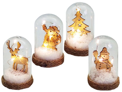 Teche natale in vetro luci Led soggetti legno. Prezzo per Pezzo.