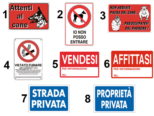 Cartelli segnalatori Uso privato. Prezzo per Pezzo.
