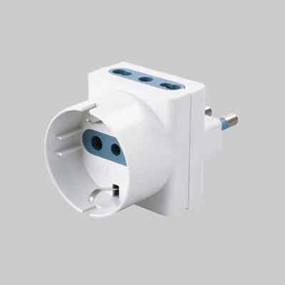ADATTATORE TRIPLO SCHUKO BIVALENTE 16A IDEAL STAR 2P+T- 1presa schuko + 2 prese  10/16A 2P+T. Prezzo per Pezzo.