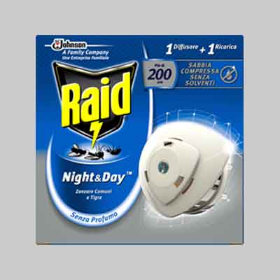 RAID DIFFUSORE ANTIZANZARE 'NIGHT & DAY' Base + 1 ricarica. Prezzo per Confezione.